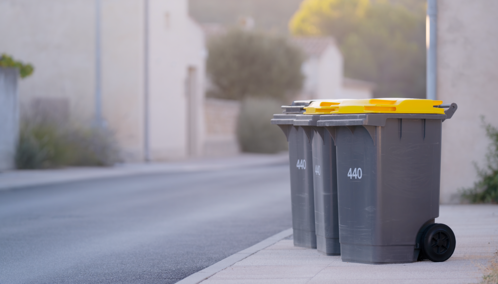 Illustration générée par intelligence artificielle montrant un bac à couvercle jaune et un bac à couvercle gris sur un trottoir résidentiel.